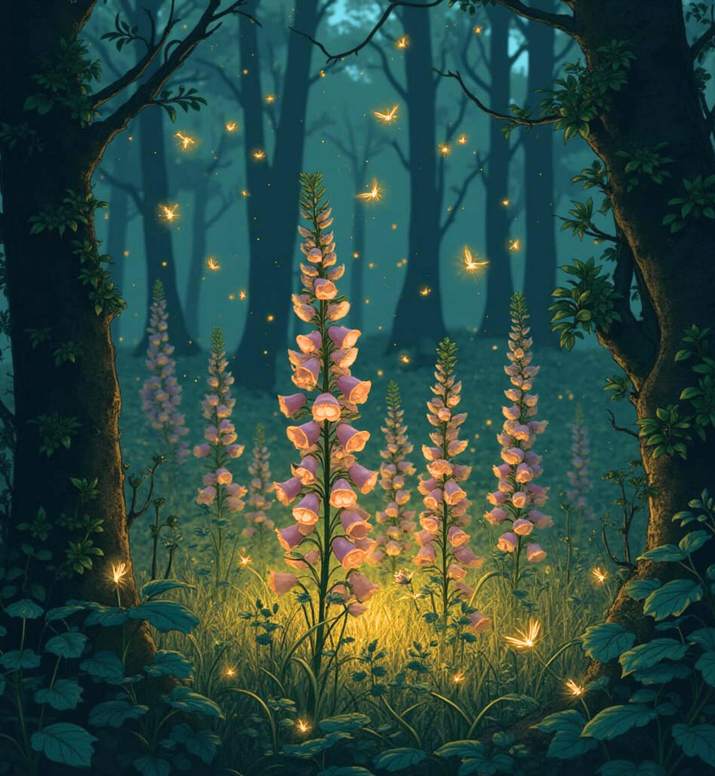 Moonlit Foxglove with Fireflies