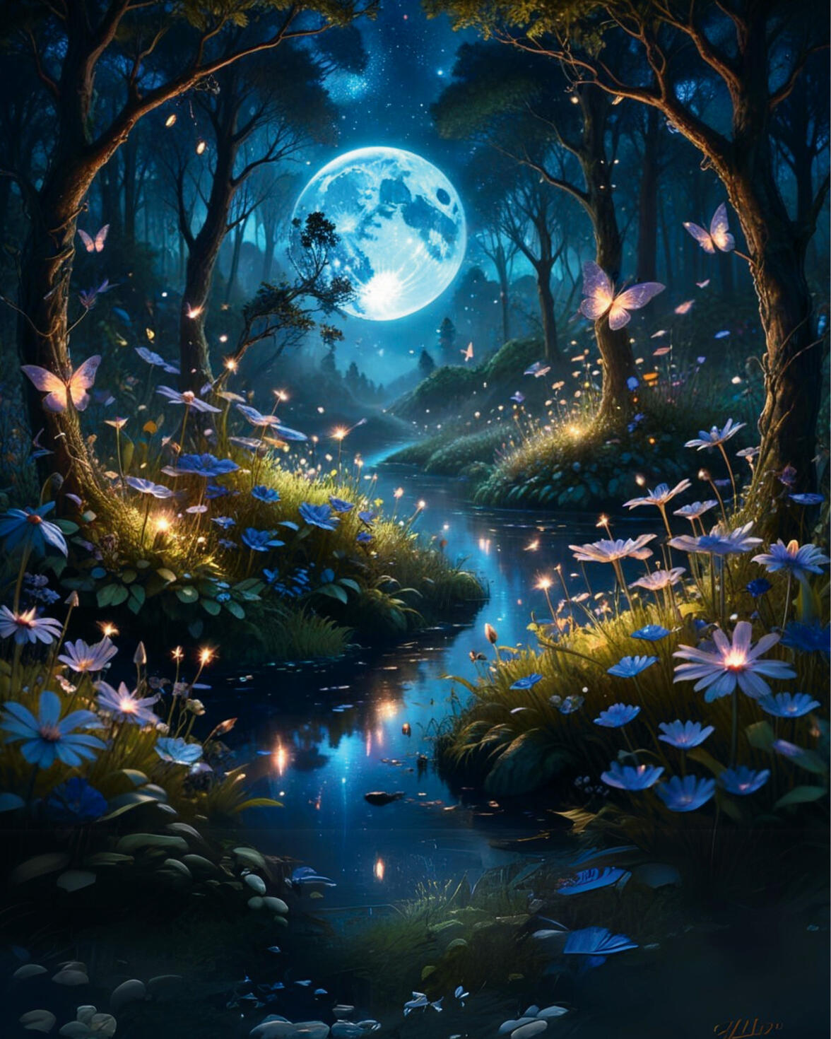 Moonlit Foxglove with Fireflies